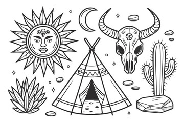 87 Vintage hand-drawn desert elements, mystical symbols, sun face illustration, crossed bones, bull skull, campfire with stones, teepee tent, crystal quartz, bohemian aesthetic, occult imagery, monoch