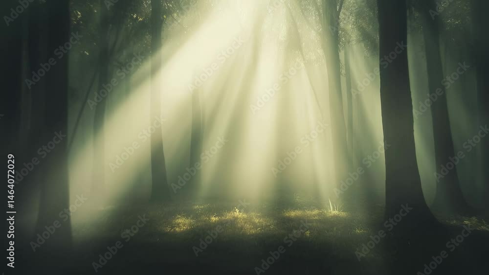 Poster Sunbeams filtering through morning fog create a mysterious and enchanting atmosphere in a tranquil forest, where light dances among the trees, enhancing the beauty of nature
