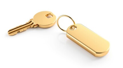 Close-up of a golden key and rectangular tag lying on a bright white surface, luxurious style.