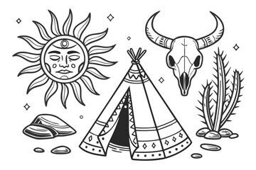87 Vintage hand-drawn desert elements, mystical symbols, sun face illustration, crossed bones, bull skull, campfire with stones, teepee tent, crystal quartz, bohemian aesthetic, occult imagery, monoch