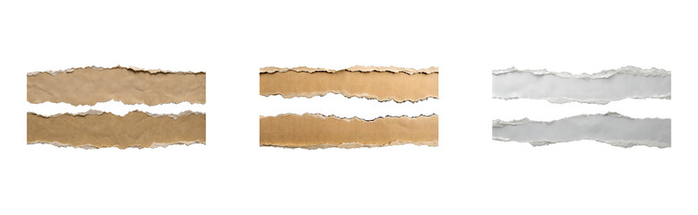 Assorted torn paper strips isolated on black background, cut out transparent