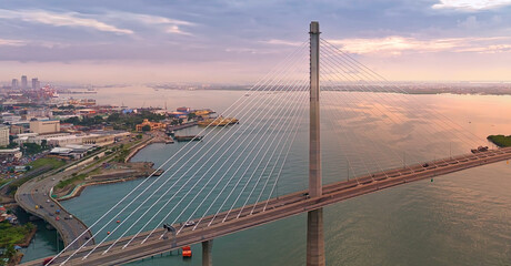 Dawn over the Cebu Cordova Link Expressway in Cebu City Philippines. Aerial View. 