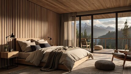 Japandi Style Minimalist Bedroom with Mountain View and Natural Wood Interiors