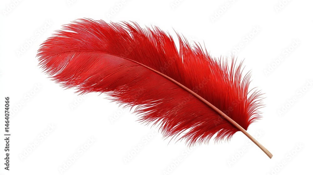 Poster vivid red feather on pristine white background, a detailed macro photograph capturing texture and co