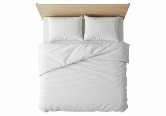 Top down view of a bed with white linens and two pillows against a white background
