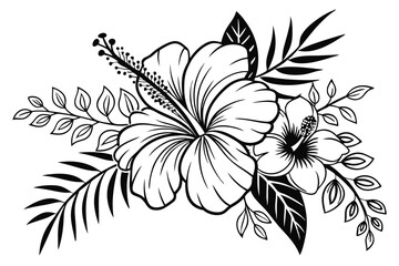 88 Detailed black and white floral illustration, intricate line art, botanical drawing, hibiscus flower, large petals, stamen, tropical foliage, delicate leaves, zentangle-inspired patterns, high cont © Md Ruhul Amin