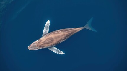 An aerial view captures a whale swimming in the deep blue ocean with grace and elegance, naturally.