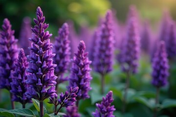 Dense purple salvia creates a striking, textured flower display , details, flora