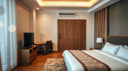 Cozy hotel room showcasing a restful bed, workspace, and soft lighting ambiance for relaxation.