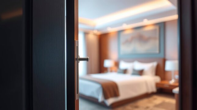 Partial view through an open door into a serene and inviting hotel room, beckoning relaxation.