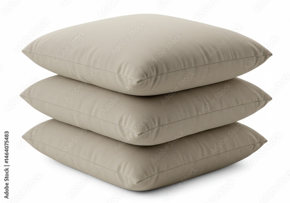 Poster stack of three square pillows in beige color on white background