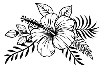 88 Detailed black and white floral illustration, intricate line art, botanical drawing, hibiscus flower, large petals, stamen, tropical foliage, delicate leaves, zentangle-inspired patterns, high cont