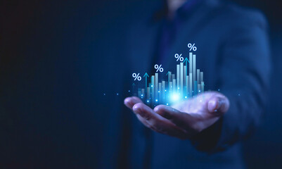 Interest rate and mortgage rates concept. Businessman showing percentage graph and the rate...