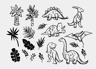 Dinosaurs , set illustrations,monochrome sketch, hand drawn vector © aksol