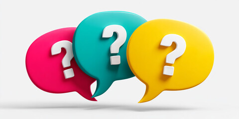 Three colorful speech bubbles, pink, teal, yellow, each featuring a white question mark, suggesting inquiry, queries, or FAQ concept