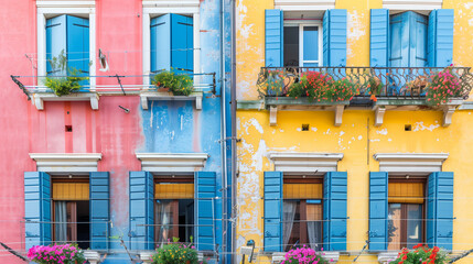 Fototapeta premium Pastel facade with simple details, a clean urban backdrop. Minimalist charm in soft daylight.