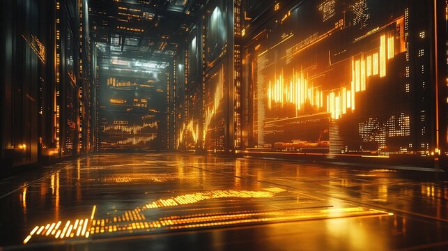 Data Center Interior with Financial Data Visualization