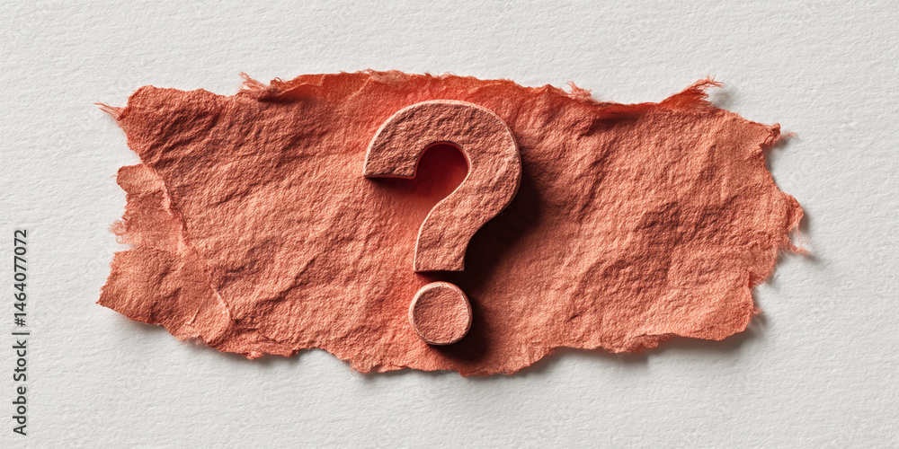 Poster orange textured paper piece with question mark, symbolizing inquiry, uncertainty, or decision-making