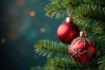 Fototapeta premium Ornate red & gold Christmas ornaments on a tree branch , gold, branch, glitter