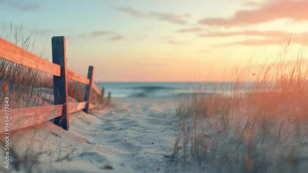 Poster warm sunlight illuminates beach grass and a wooden fence bordering a sandy path leading to the ocean