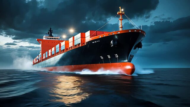 Container cargo ship navigating through rough seas under dramatic storm clouds with bright lights illuminating the dark waters during the night.

