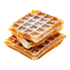 Stack of golden brown waffles sprinkled with powdered sugar, isolated on white transparent background, concept of sweet breakfast treat