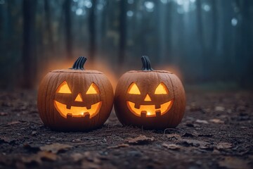 Halloween Background with Glowing Jack-o'-lanterns and Fog