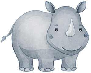 Watercolor illustration of a rhinoceros on a transparent background.