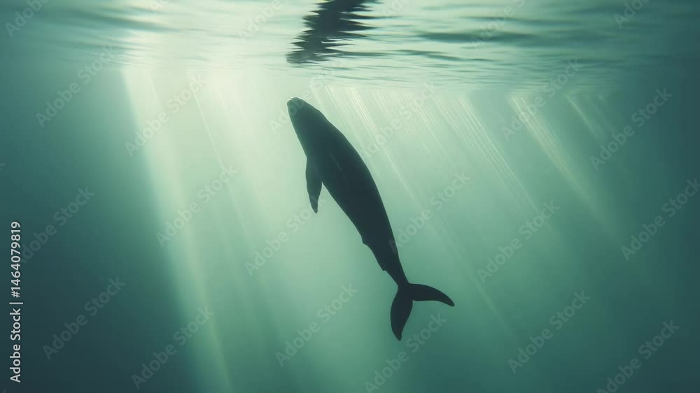 Poster sunbeams piercing the ocean surface illuminate a whale swimming gracefully in the depths, creating a