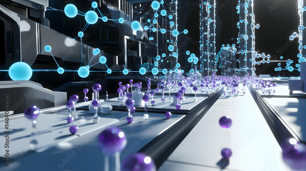 Poster futuristic cityscape with interconnected structures and network of light points