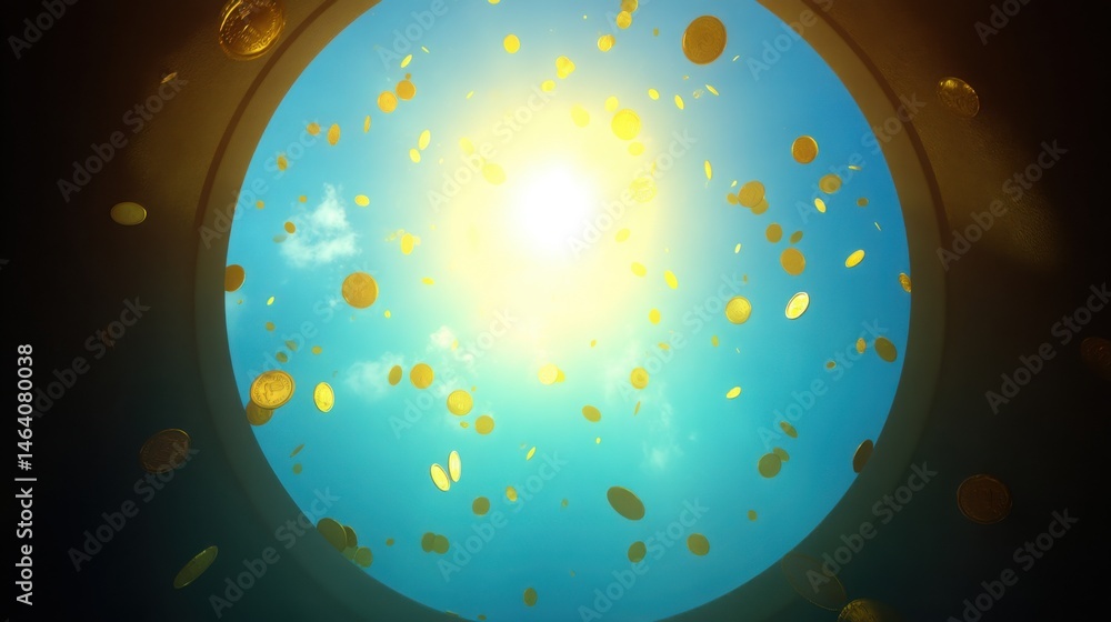 Poster dynamic visual of stream of coins spiraling into a bright light symbolizing financial growth and pro