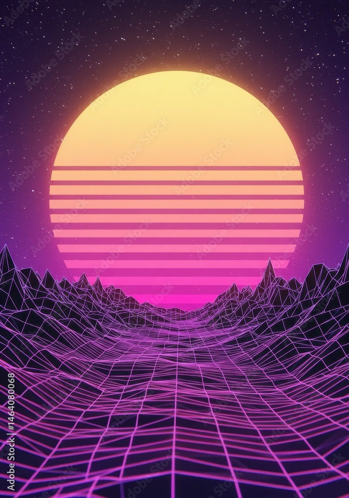 Aufkleber retro synthwave landscape with sun grid and mountain in gradient color