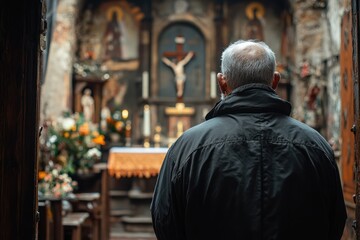 Naklejka premium Spiritual Reflection in the Ghetto: A Quiet Prayer Moment in a Small Church