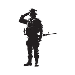 a male soldier saluting and carrying a weapon