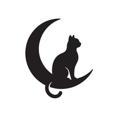 Cat Sitting on Moon Silhouette, Simple Animal Outline Vector