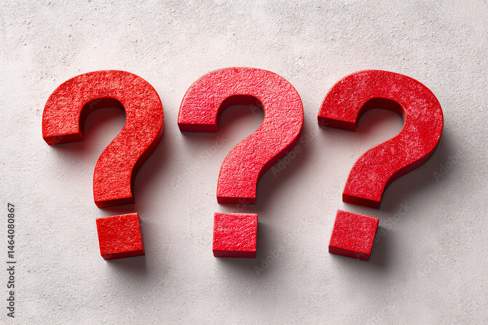 Aufkleber three red question marks on a textured white background, symbolizing inquiry, uncertainty, and the s