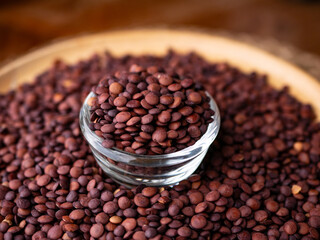 Organic uncooked seeds dark red brown lentils.