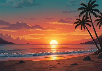 Tropical Sunset Beach Scene: Palm Trees, Ocean Waves