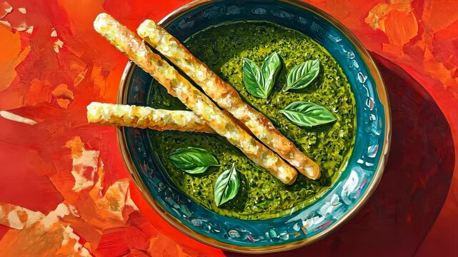 Top view of breadsticks in pesto sauce on colorful textured red background.