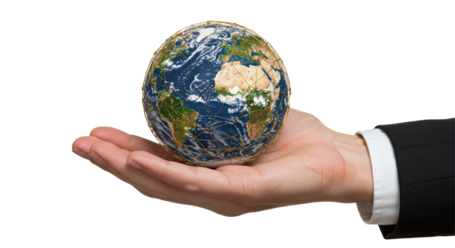 Isolated Hand Holding Globe with Network