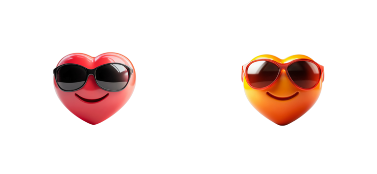 Two hearts wearing sunglasses with smiling faces, cut out transparent