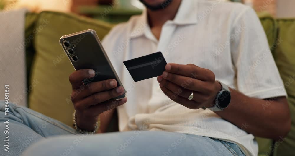 Aufkleber hands, phone and credit card for ecommerce in home, relax on sofa with online shopping or subscripti