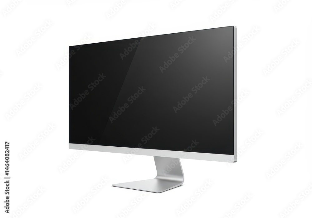 Poster modern computer monitor with blank screen on white background, angled view
