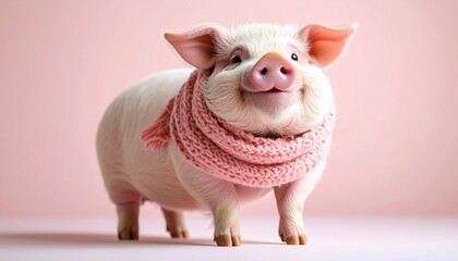 pink pig with scarf on pink background