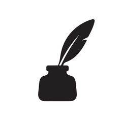 Quill and Ink Bottle Silhouette, Smooth Minimal Outline Writing Icon Vector