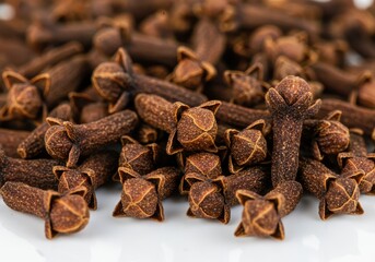 Obraz premium Close-up of dried cloves on a white surface showing the spice's texture and form