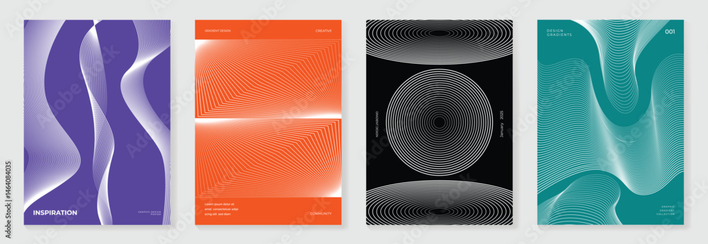 Aufkleber abstract line wave poster background vector set. cover template with vibrant perspective dot halfton