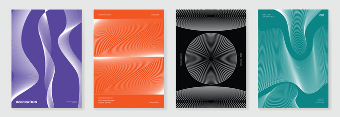 Abstract line wave poster background vector set. Cover template with vibrant perspective dot halftone, line wave. Ideal design for social media, cover, banner, music, ads.