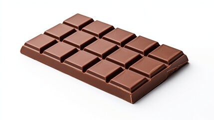 A chocolate bar, perfectly molded with glossy squares, isolated on a clean white background, 