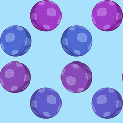 Repeating patten design: spotted oval balls in blue and purple on pale blue background.